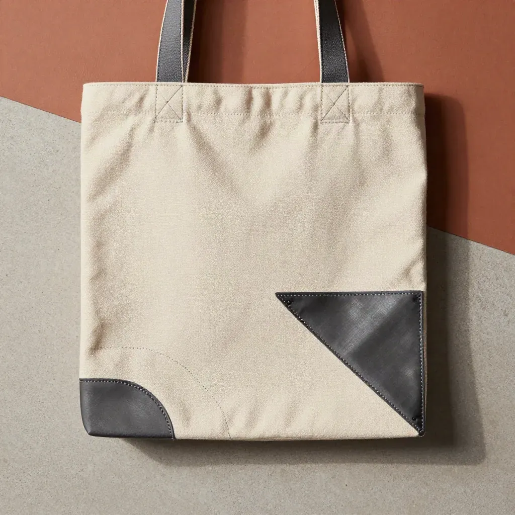Canvas-Tote mit reparierter Henkelbasis, Futterklappe und Flicken auf hellem Stein.