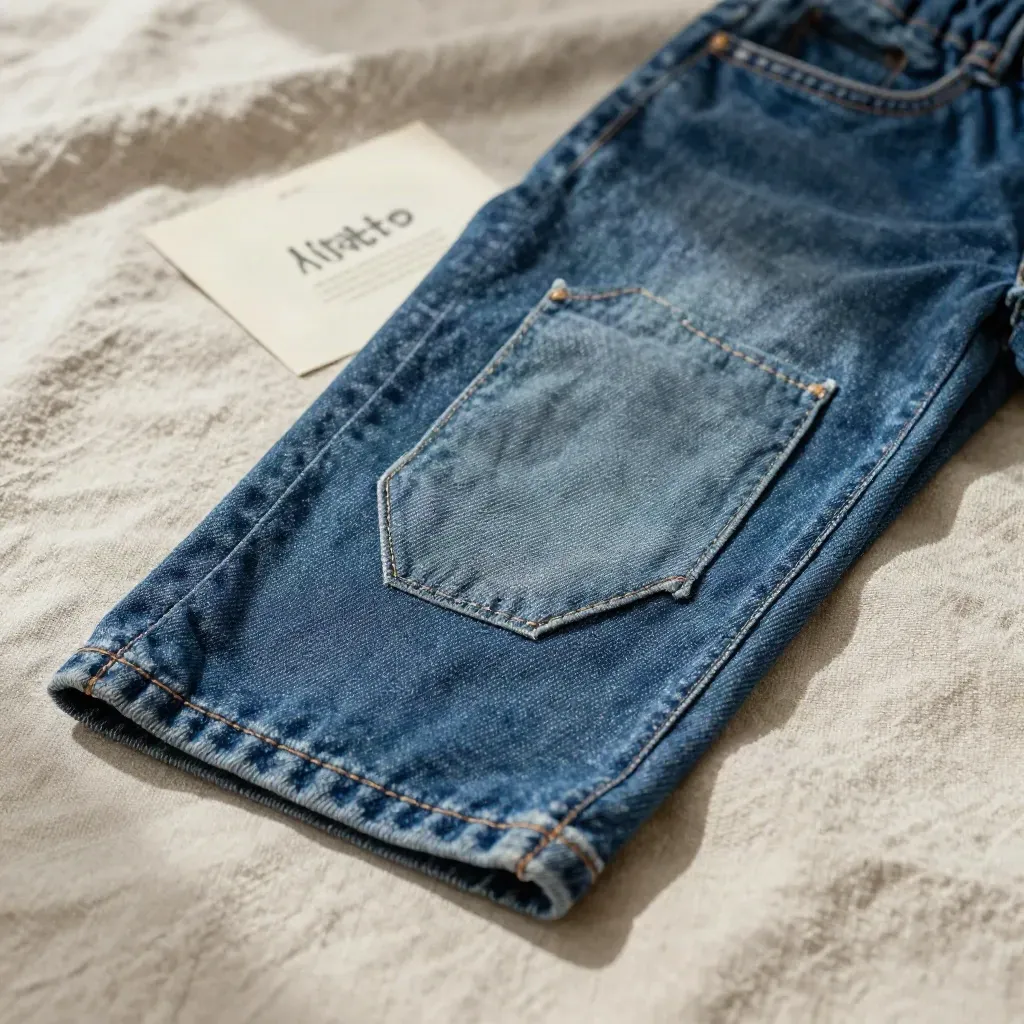 Denim-Knieflicken mit Baumwollrückseite auf Leinentuch, daneben ein zweites Reparaturmuster.